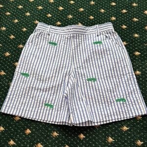 Florence Eiseman Blue & White Seersucker Shorts with Green Crocodile Motif